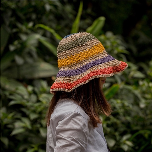 COST 🛑LAST 1! Tan Striped Bucket Hat Crochet Bucket Colorful Multicolor vacation - Picture 5 of 6
